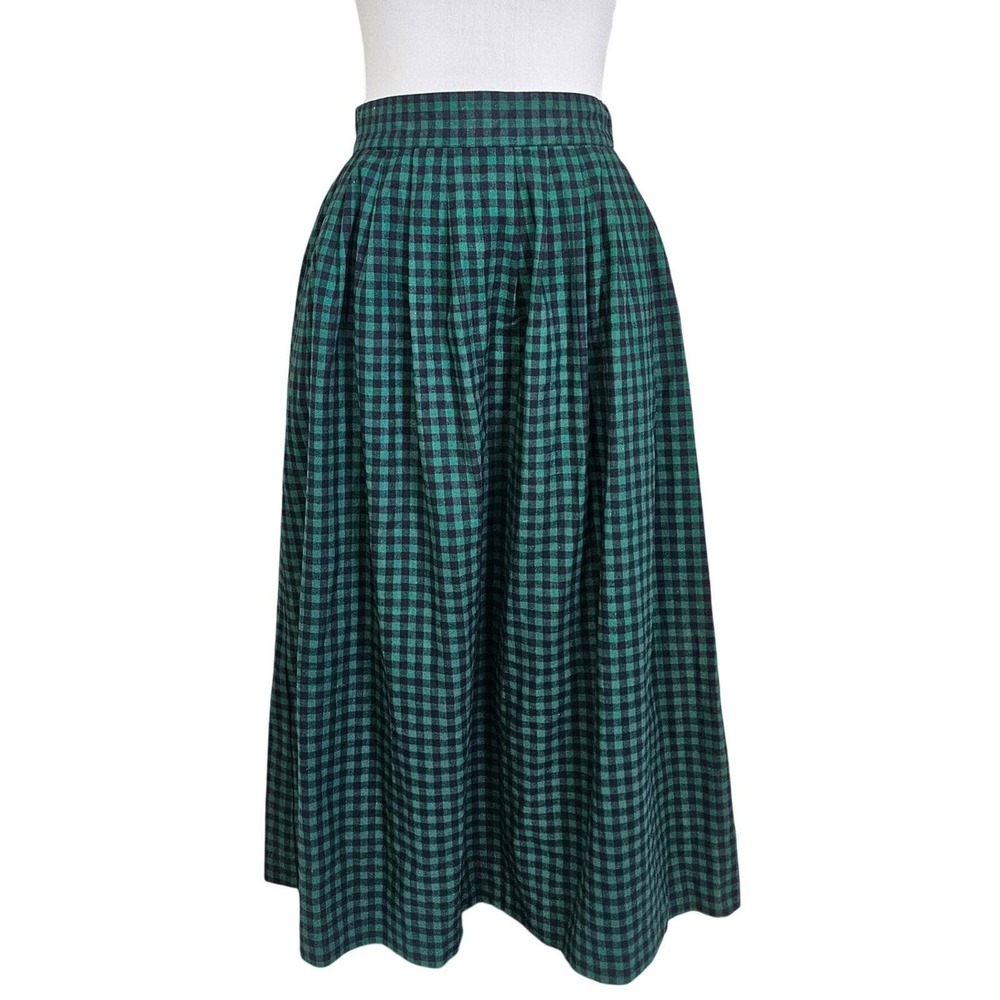 Vintage Skyr Green Plaid Cotton Midi Skirt USA High Waist Pleated Dark Academia